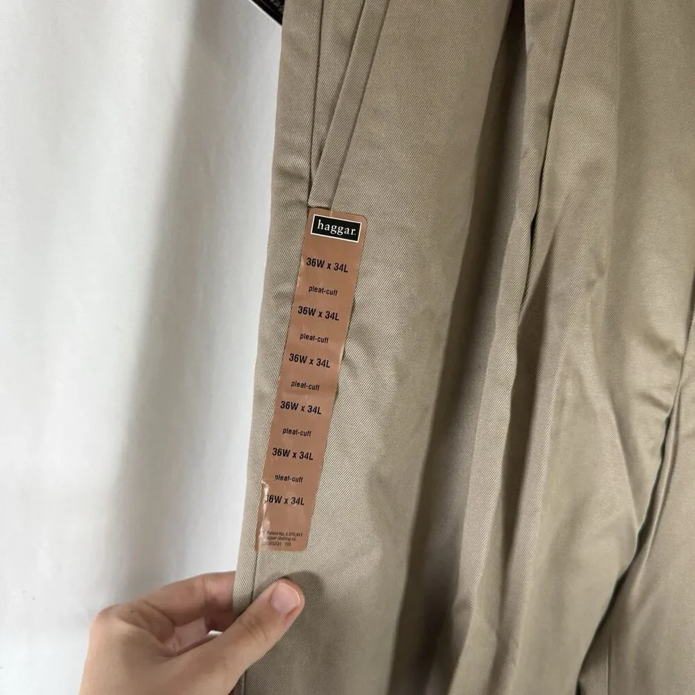 New Haggar Pleated Cuff Men's 36x34 Khaki Long Stable Combed Cotton No Iron